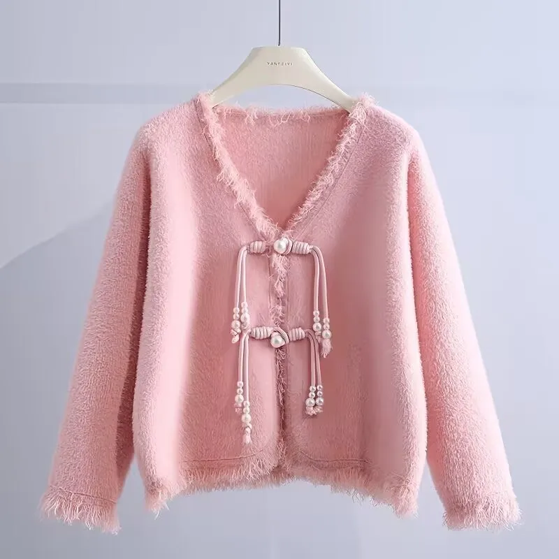 Cardigan con bottoni e nodo in nappa stile cinese 2025 Nuova primavera autunno donna giacca in cashmere visone femminile elegante cappotto in maglia con scollo a V