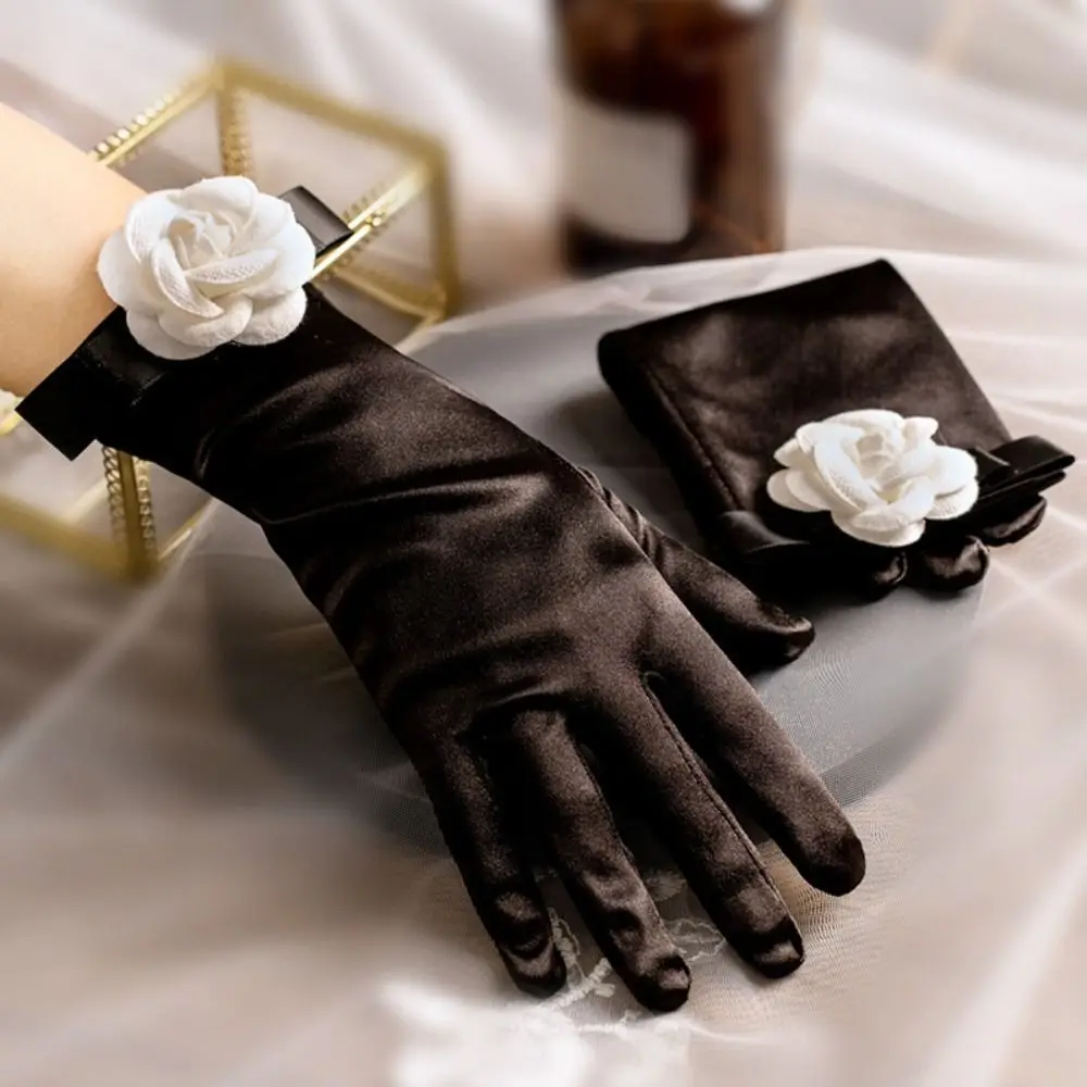 Five Finger Flower Camellia Gloves Silk Velvet Hepburn Style Gloves Retro Black Evening Dress Gloves Wedding