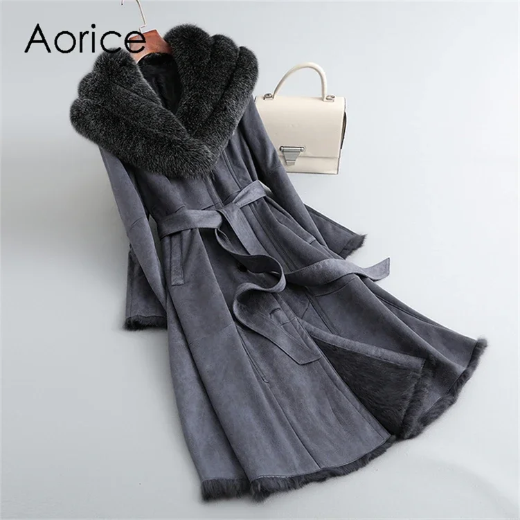 Winter Long Rabbit Fur Linging Coat Jacket Female Fox Fur Collar Coats Lady Over Size Parka Trench CT278