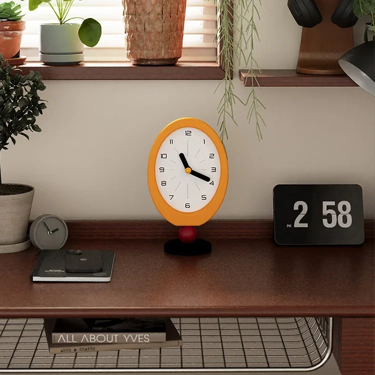 Creamy Style Yellow Oval Table Clock Room Decoration Mute Quartz Movement Desktop Clock for Living Room Creative Home Decor Gift