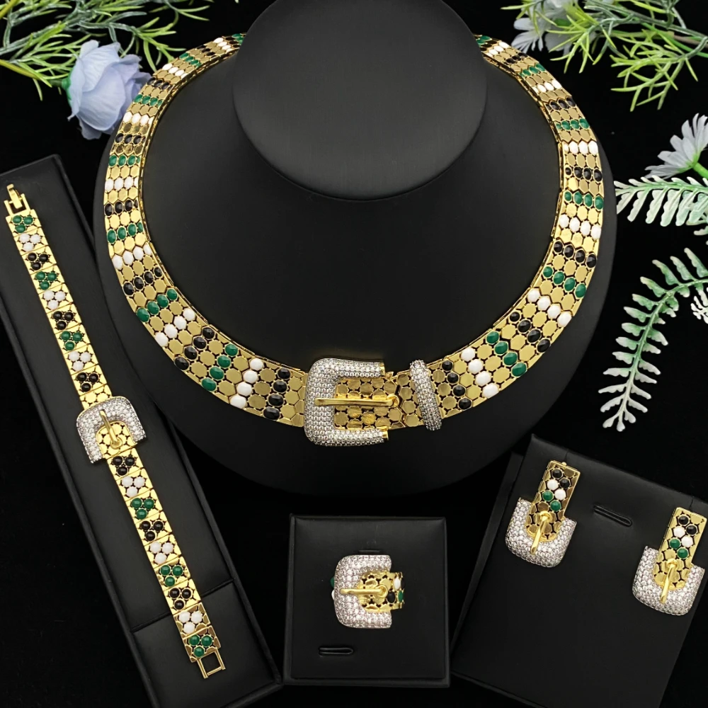 

JRH Elegant Drip Art Jewelry Set for Women Gold Plated Brass Earrings Necklace Bracelet Ring Perfect for Party Dubai Arabia