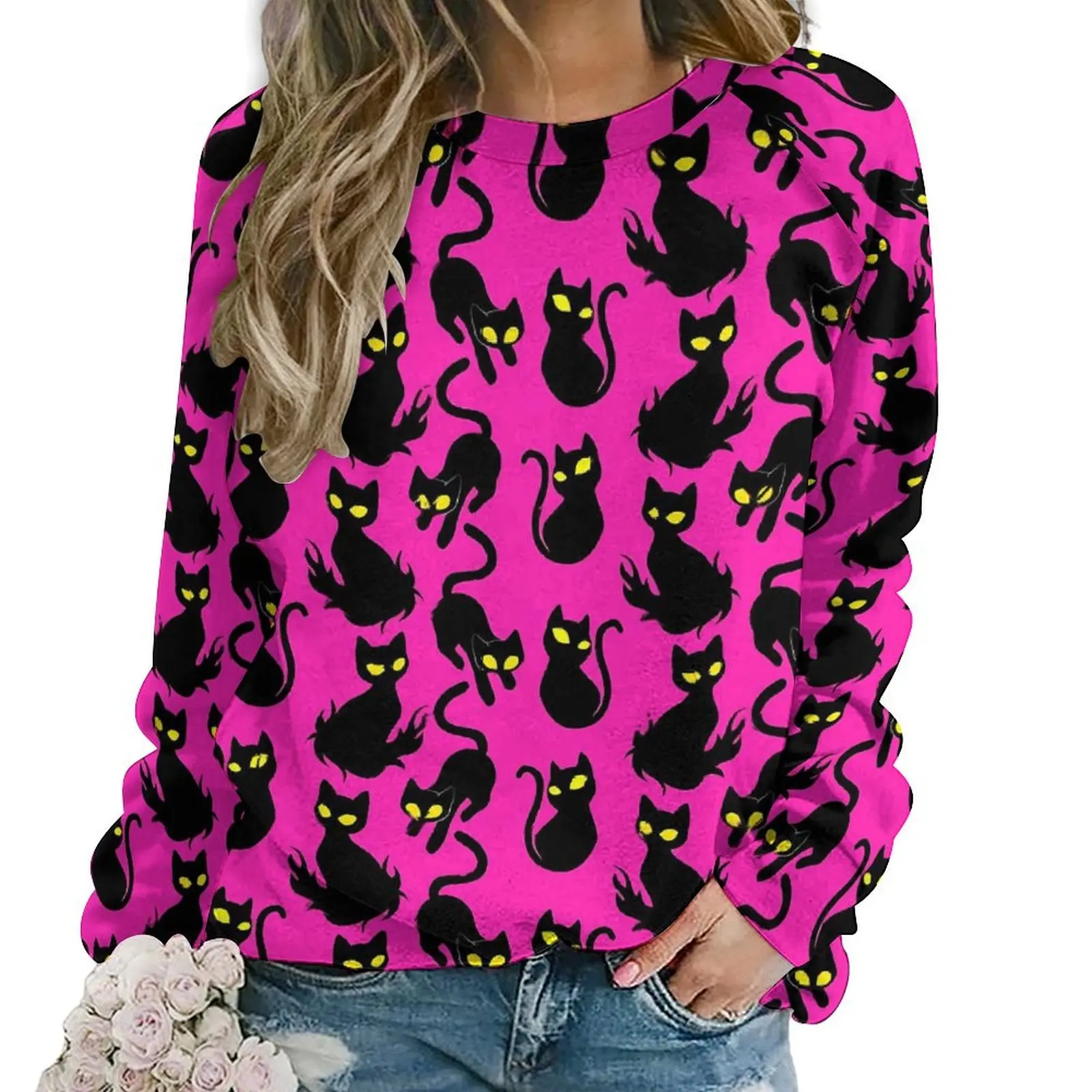 

Black Magic Cats Hoodies Woman Halloween Night Street Fashion Casual Hoodie Long-Sleeve Modern Pattern Sweatshirts Large Size