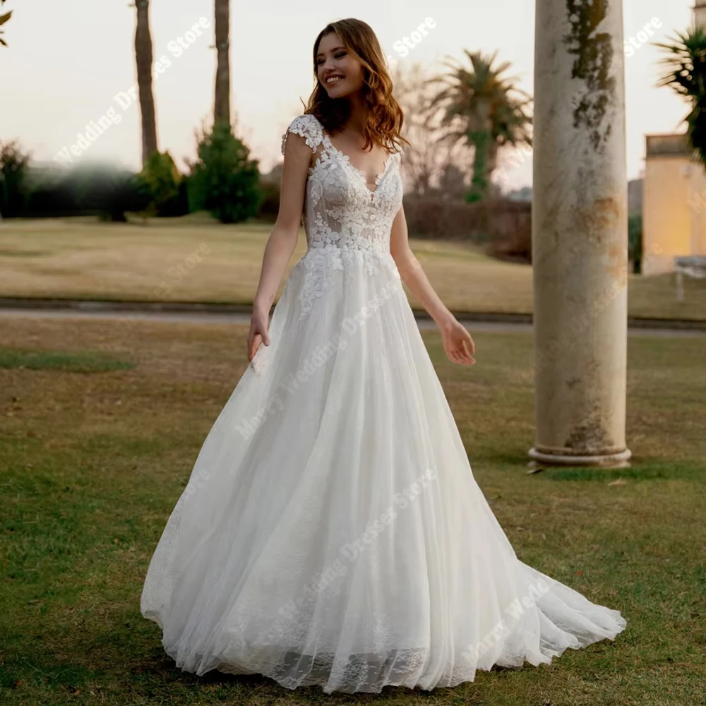 Exquisitos Vestidos De novia De corte A para mujer, Vestidos De novia modernos con cuello en V y Apliques De encaje, Vestidos sin mangas De Novias 2025 personalizados