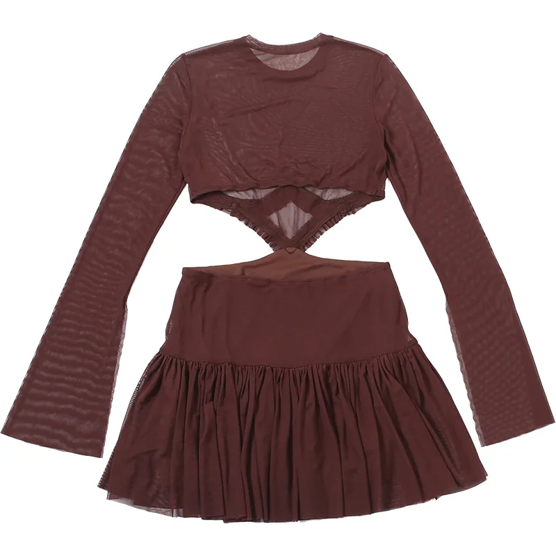 SsTss Sexy See Through Mesh Short Dress Women Fashion New O Neck Long Sleeve Cutout High Waist A Line Mini Party Club Dress