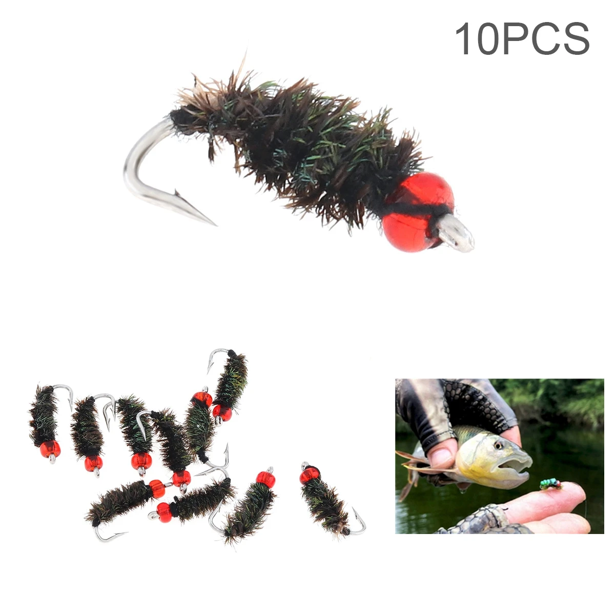 10pcs Fishing Lure 16# Floating Insect Fly Files Artificial Fishing Bait Feather Single Hook Carp Stream Fishing Wet Bug Worm