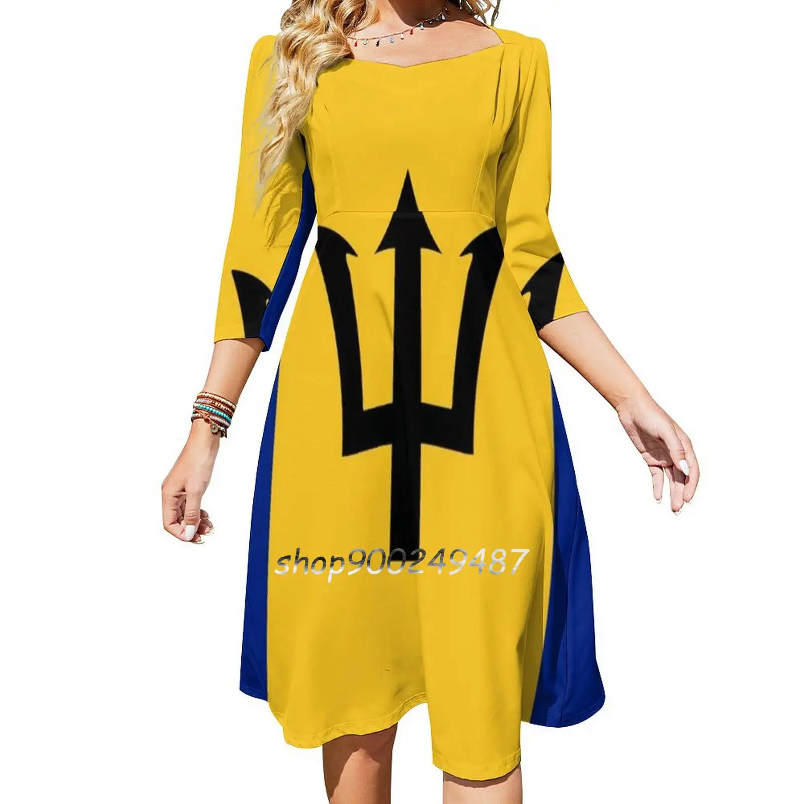 Barbados Flag Sweet Elegant Dress Women Korean Kawaii Square Collar Dress Barbados Flag Caribean Carribeen National Flags