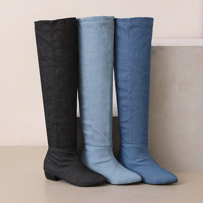 Reave Cat Brand Pleated  Knee Boots 3cm Heel Round Toe Slip On Blue Black Big Size 46 47 48 US15 US16 US17