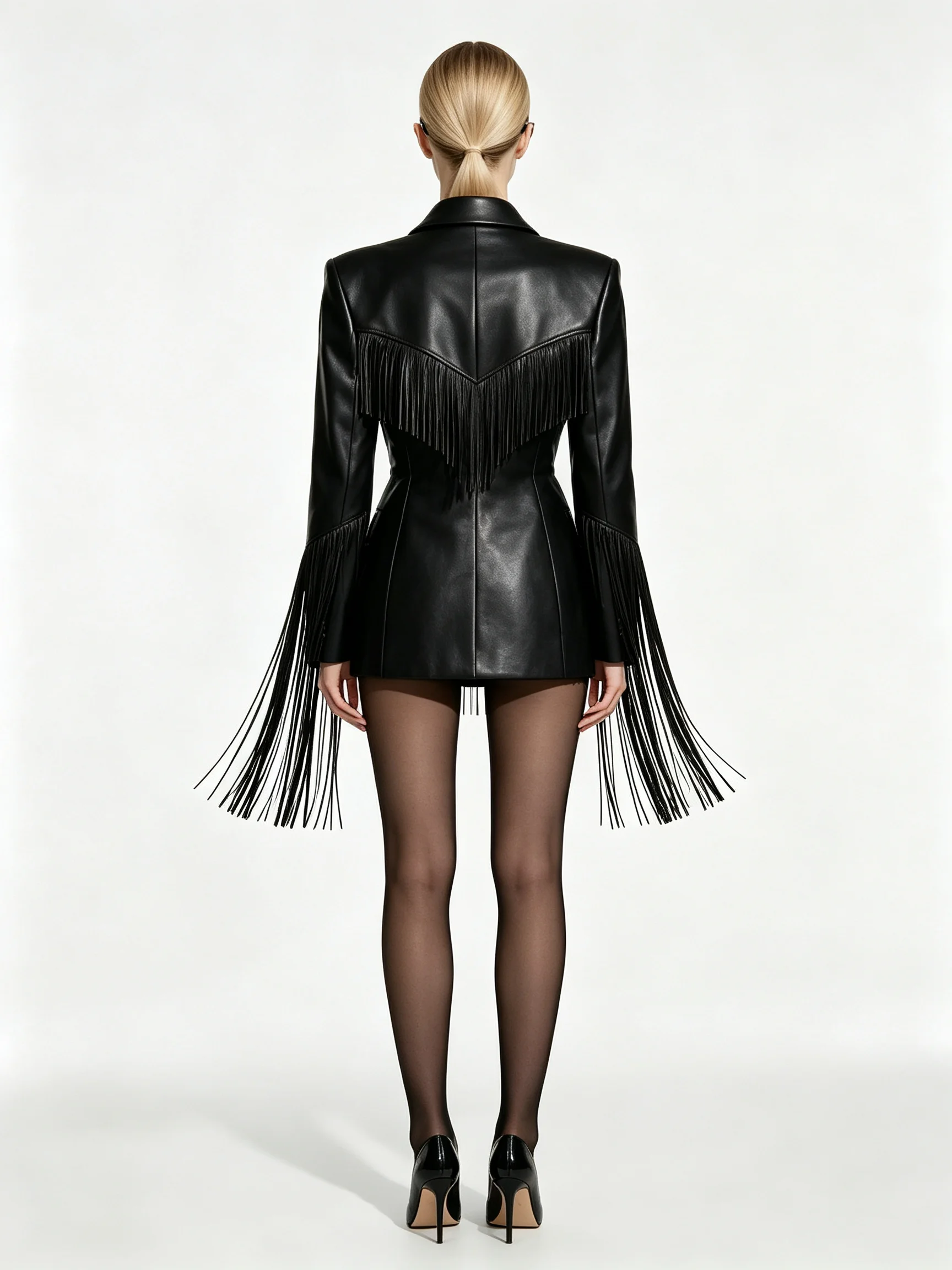 Women's Faux Leather Blazer with Double-Breasted Design and Long Fringe Detail
