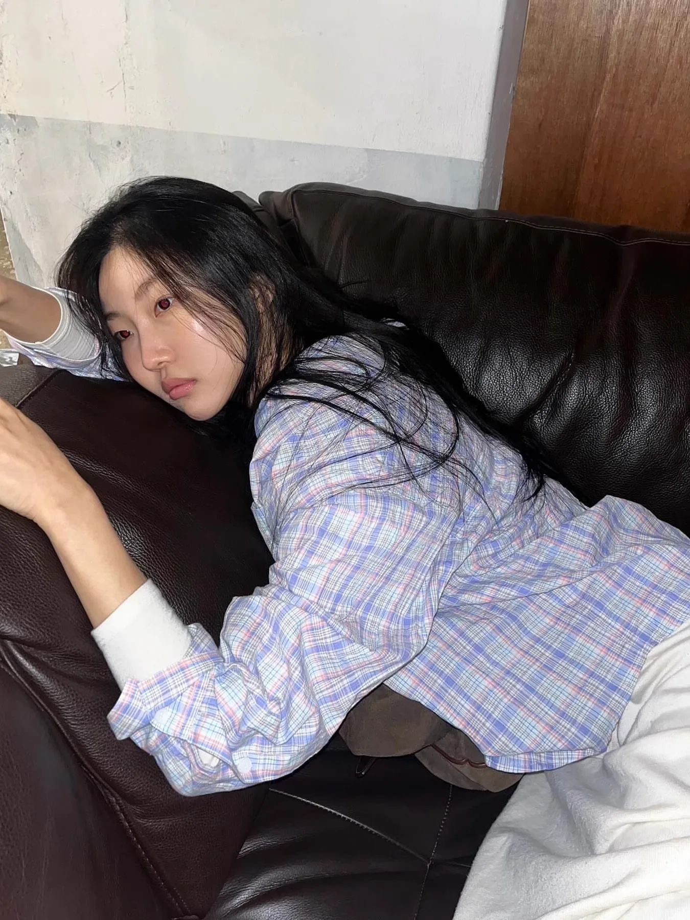 

Blue Plaid Long Sve Casual irt with ket Street Sle Korean Version SEI Unique Commute Wind Straight Tube Ladies irt