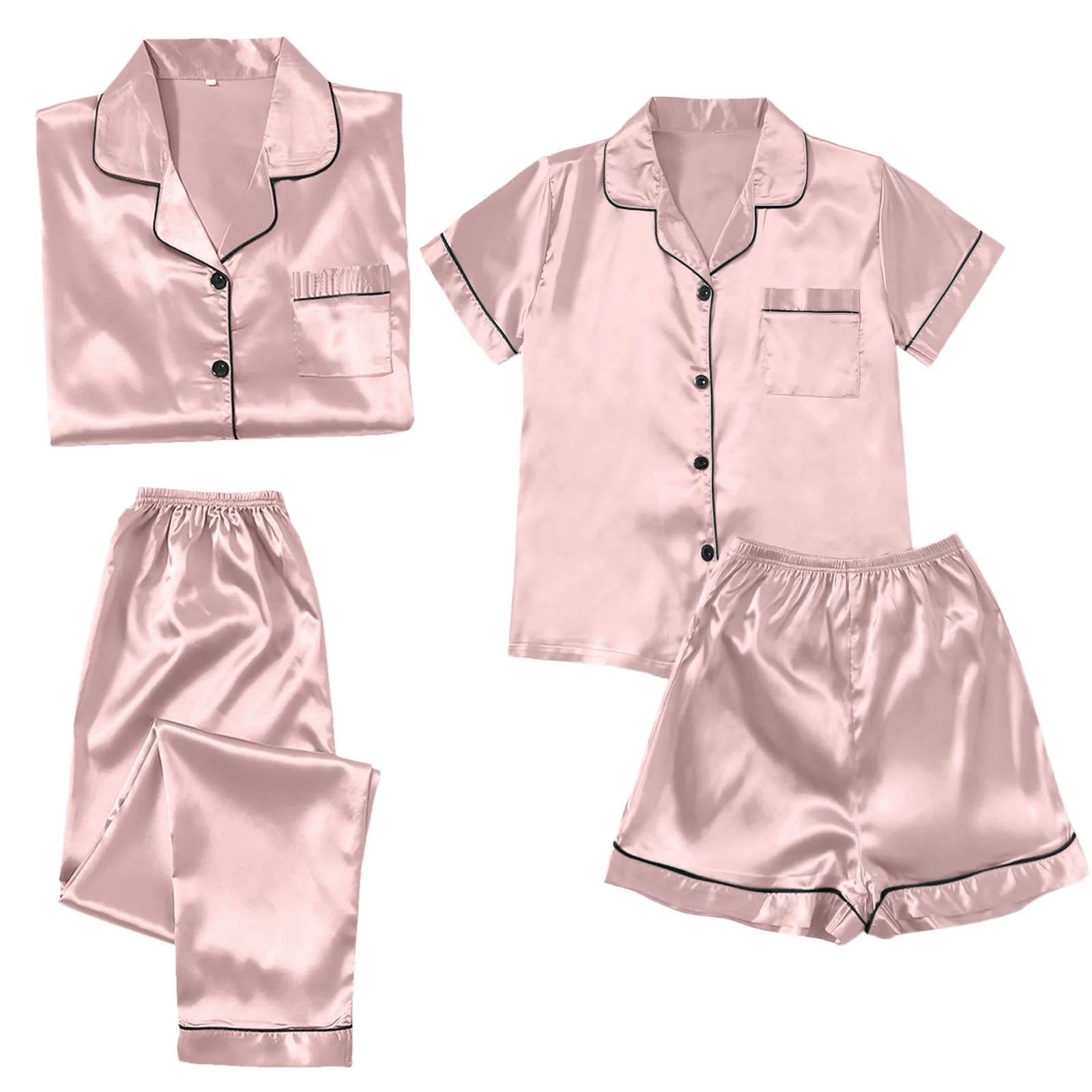 4pcs Women Pajamas Sleepwear Nightclothes Solid Color Long/Short Sleeved Shirt And Trousers/Shorts Ice Silky Casual Homewear Set