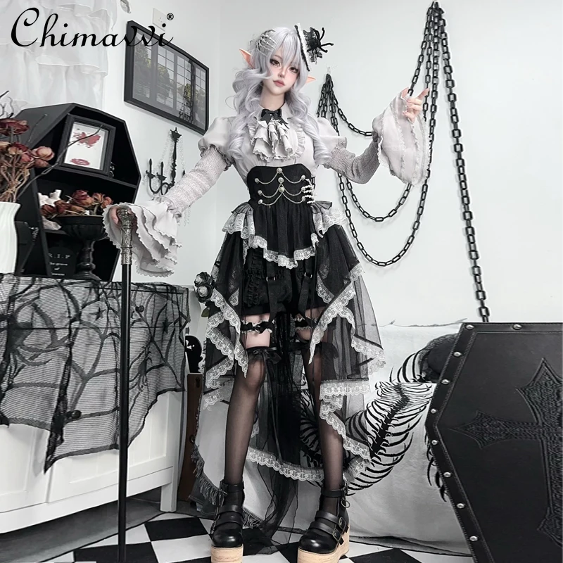 New Original Gothic Lolita Halloween Costume Long Sleeve Gray Shirt Top Jacquard Shorts Irregular Mesh Skirt Women's Skirt Sets