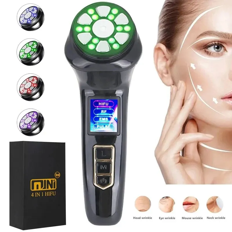 Mini HiFU 4 w 1 EMS Pulse RF Lifting twarzy Odmładzanie skóry Prąd elektryczny Napinanie Ujędrnianie Anti-Aging Urządzenie kosmetyczne LED