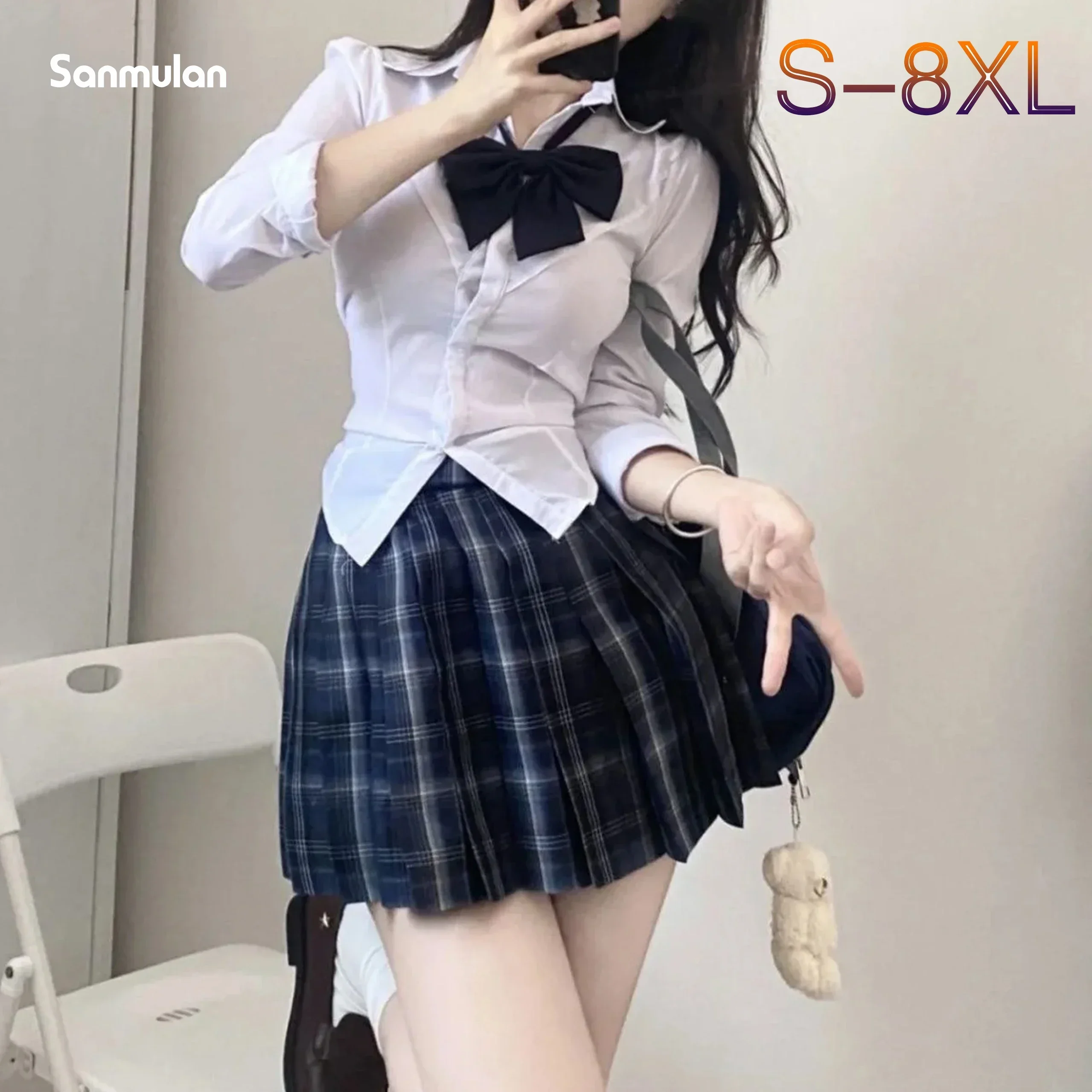 

S-8xl plus size American Jk school uniform original uniform bow pleated skirt college style slim shirt high waist skirt suit