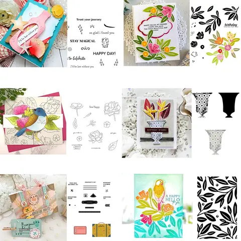 Messaggio in una bottiglia Fiori e foglie Francobolli e fustelle Vaso di fiori Valigia Scatola Timbro per fai da te Scrapbooking Craft Card Mak