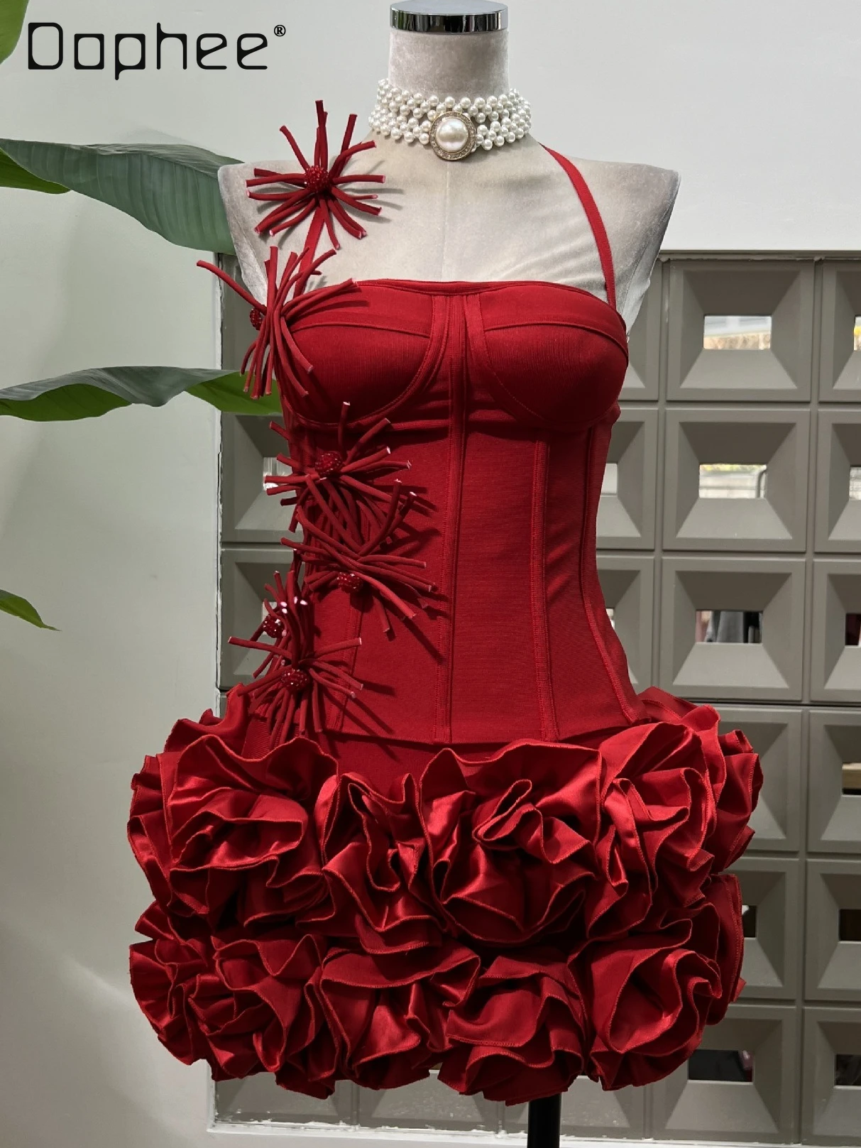 

European American Hot Girls Ins Evening Dresses Street Y2K Three-dimensional Flower Tube Top Fish Bone Top Pleated Tutu Skirt