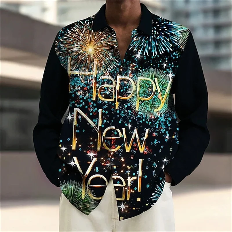 3D Printed Happy New Year Hawaiian Shirts Men Fireworks Balloon Pattern Aloha Shirts Casual Loose Long Sleeve Lapel Tops Blouse