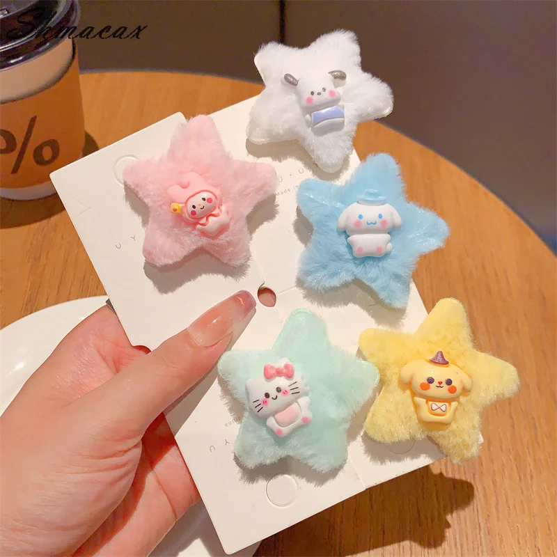 Cartoon Pentagram Star Plush Hair Clip Sweet Hellokitty Melody Kuromi Cinnamoroll Side Bangs Clip Hair Accessories