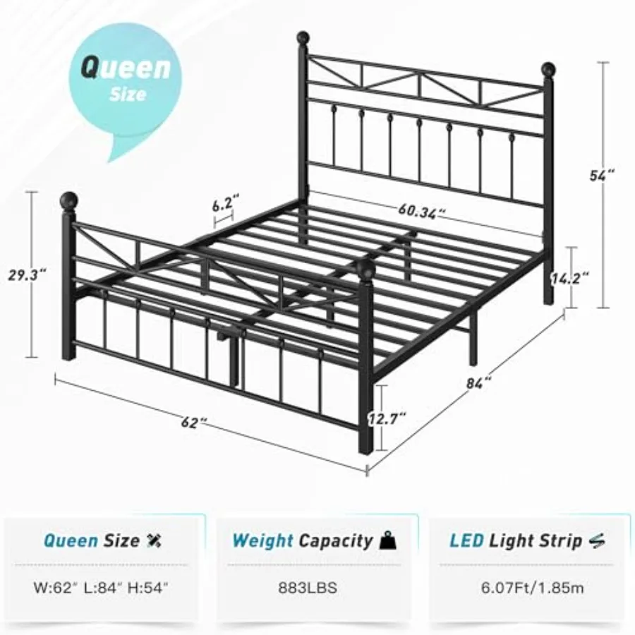 Victorian metal bed frame for bedroom, black iron, 54-inch tall headboard with ornate scrollwork and sturdy construction