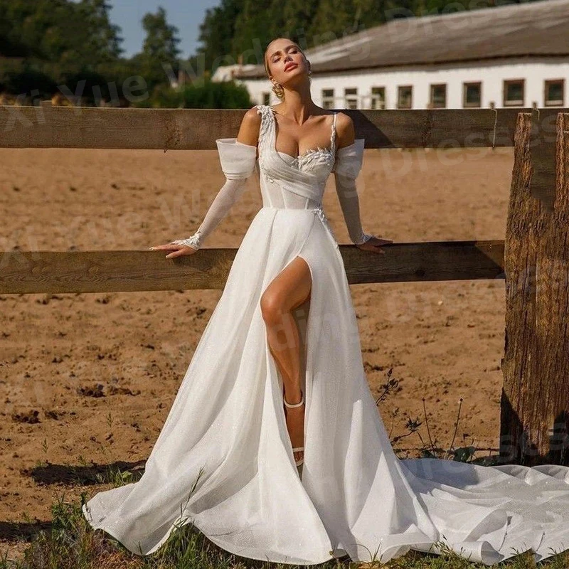 Simples uma linha vestidos de casamento feminino apliques vestidos de novias de boda vestidos de noiva personalizado manga longa fenda lateral