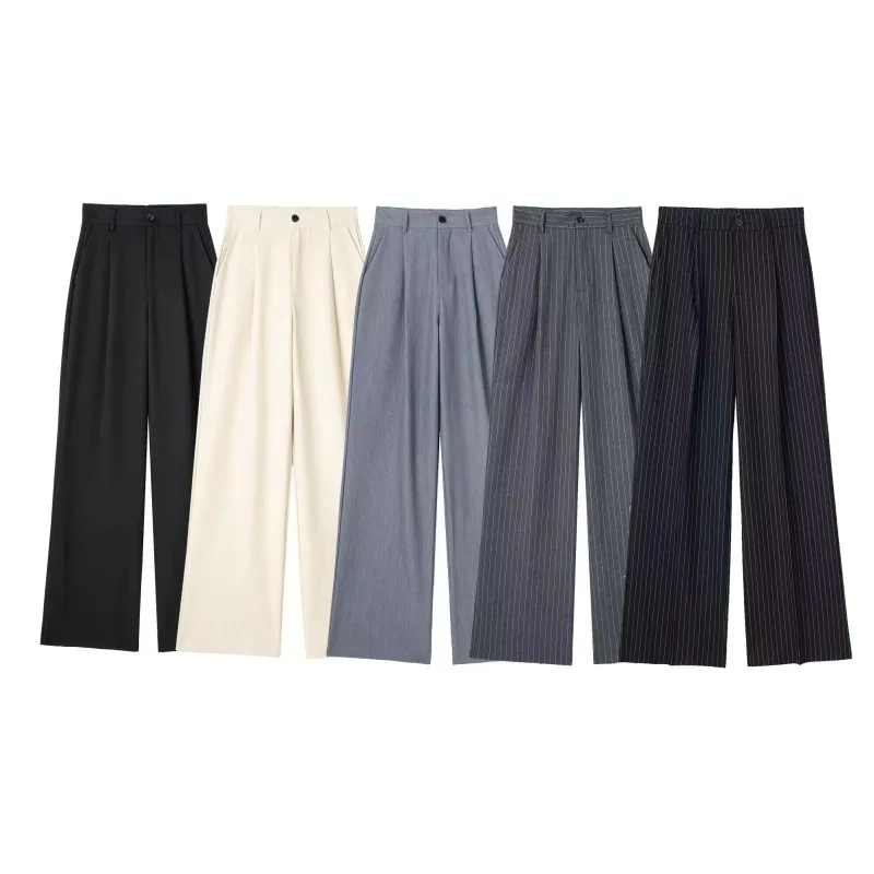 European style women's 2026 front pleated high-waisted long pants, multi-color, breathable