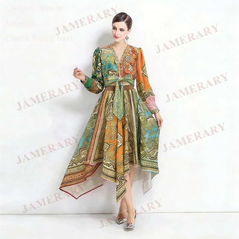 

Brand Summer Long Sleeve Dresses Two Piece Set Women Sexy Crop Tops Blouses Pleated Maxi Skirt Suits Bohemia Beach Outfit