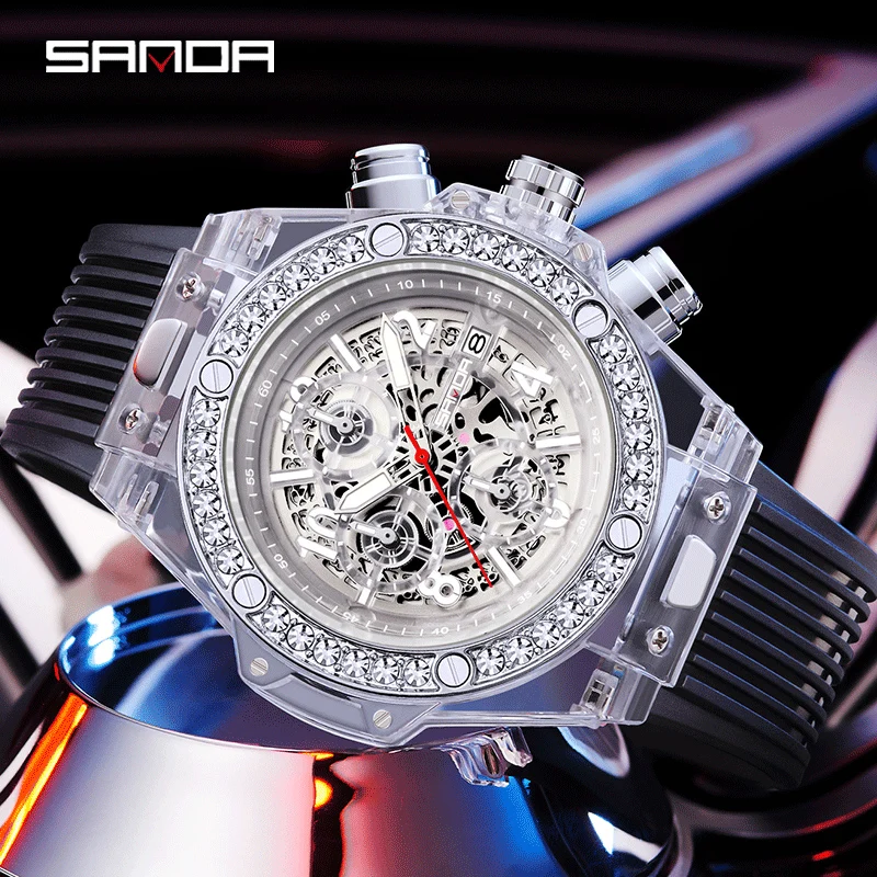 2024 SANDA New Cross-border Hot Sale Quartz Watch Fashion Trend Men Watch 7040 with Calendar Glow Perspective Window Watch