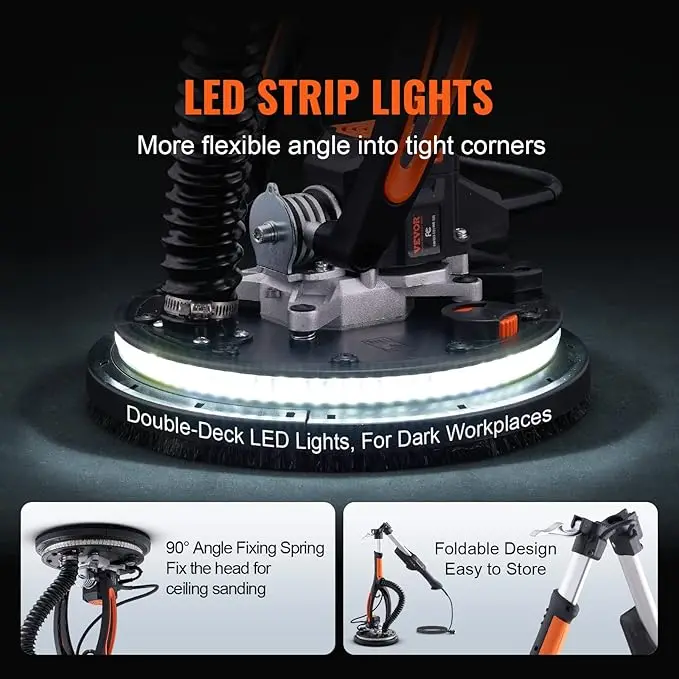 800W Brushless Motor Electric Sander, Variable Speed 1000-2300 RPM, Foldable Ceiling Sander