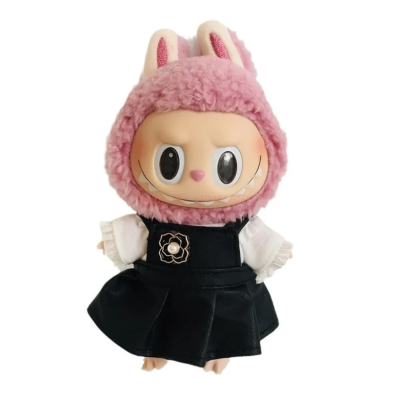 

17cm Labubu Clothes Cute Leather Dress T-Shirt Set Kawaii Vinyl Face Doll White Shirt Rose Leather Skirt Clothing Accessories