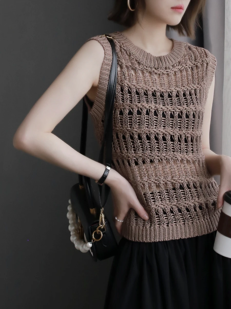 

Warmo Бумажная шелковая пряжа, круглый пуловер Ne, свободный вязаный жилет, ажурная грубая игла, женский модный летний топ