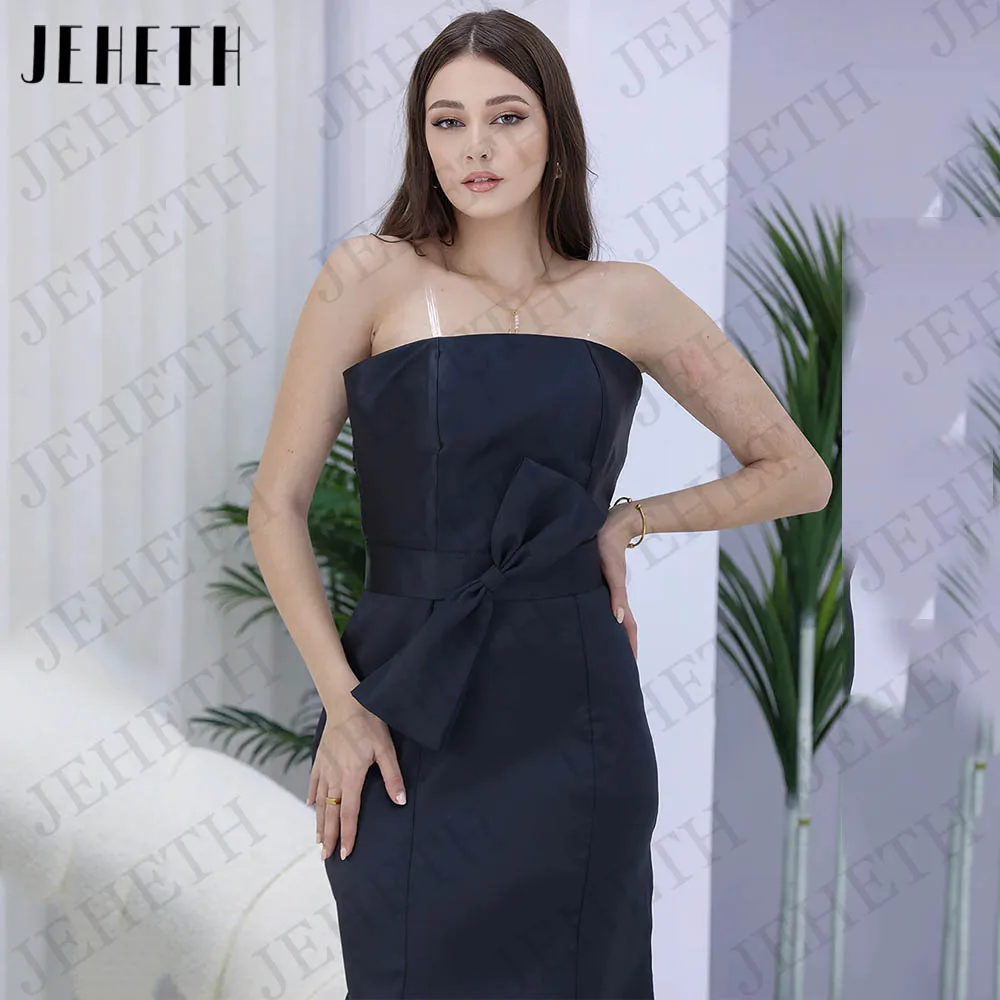 JEHETH-vestido de noche de sirena de Dubái, prenda sencilla de satén con lazo sin tirantes, Color Azul Marino Simple Dubai vestidos de noche de sirena de Arabia Saudita  Satin Bow Strapless Lace  Vestido Ocasión Formal