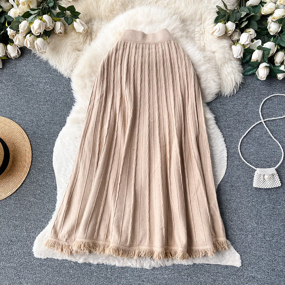 Croysier Skirts For Women 2023 Autumn Winter Clothes Elastic High Waist Pleated Knitted Skirt Fringed Hem Elegant Midi Skirt