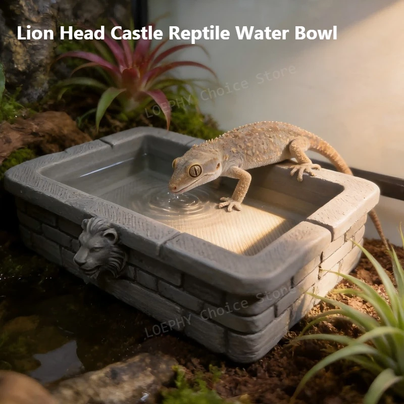 3D-gedruckte PETG-Kunststein-Wasserschale „Löwenkopf“ für Reptilien – Terrariendekoration für Gecko, Bearded Dragon, Crestie – 3 Größen erhältlich