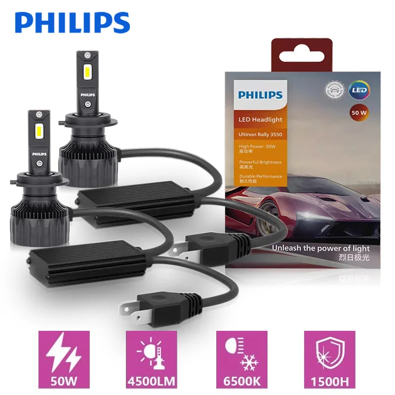 Philips Ultinon Rally 3550 Ampoule de Sauna de Voiture, H7 Led H4 H11 9005 HB3 9006 HB4 9012 HIInter Phares Antibrouillard 6500K Haute Puissance 50W