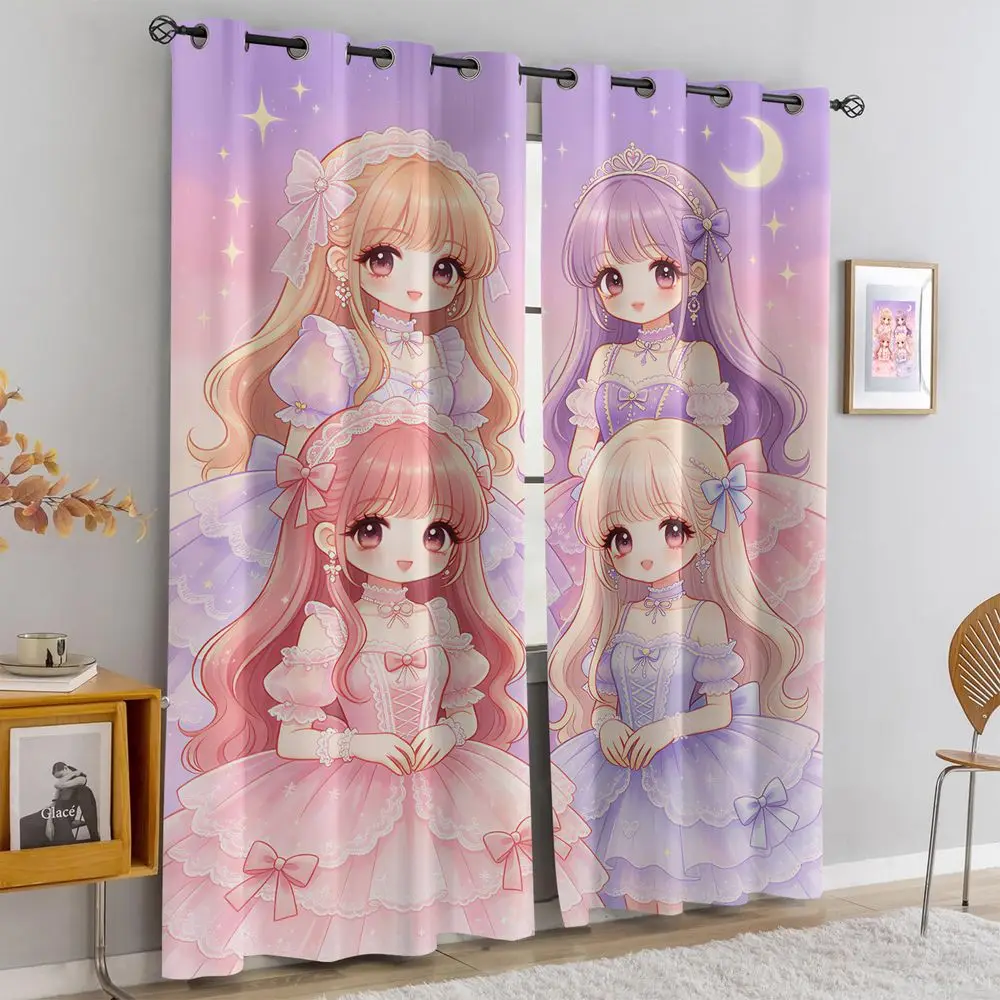 Lolita Star Moon Girls Printed Curtains 2 Panels Light Blocking Rate 85% Darkening Decoration Curtains Girls Bedroom Decor