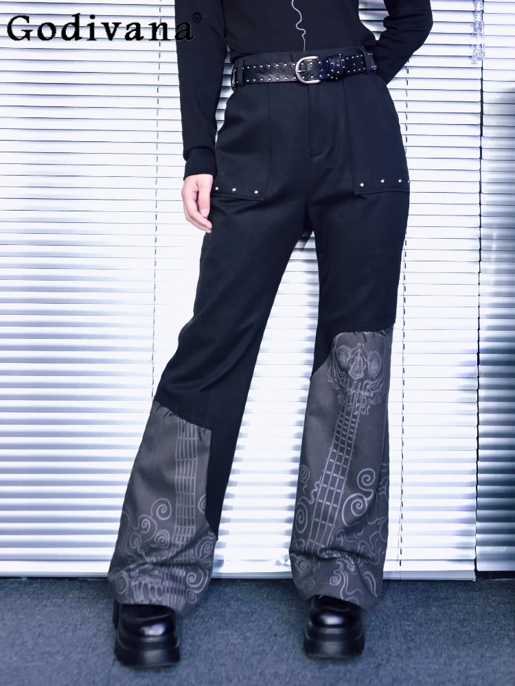 

Temperament New Chinese High Waist Gothic Irregular Printed Bootcut Pants Girl Spring Autumn Retro Punk Riveted Slim Pantses