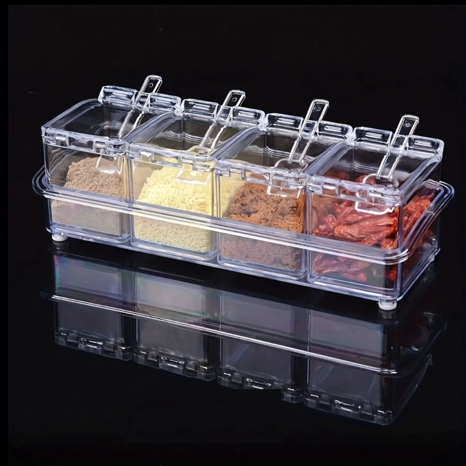 Clear Plastic Seasoning Boxes with Lids, Spoons - Dustproof Condiment Containers - Kitchen Storage - Meal Prep Food Containers