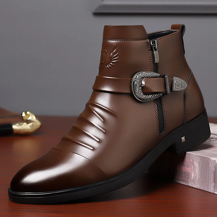 Herren PU-Stiefeletten mit seitlichem Reißverschluss, runder Zehenpartie, kurze Stiefel für den täglichen und lässigen Gebrauch – Detail 2