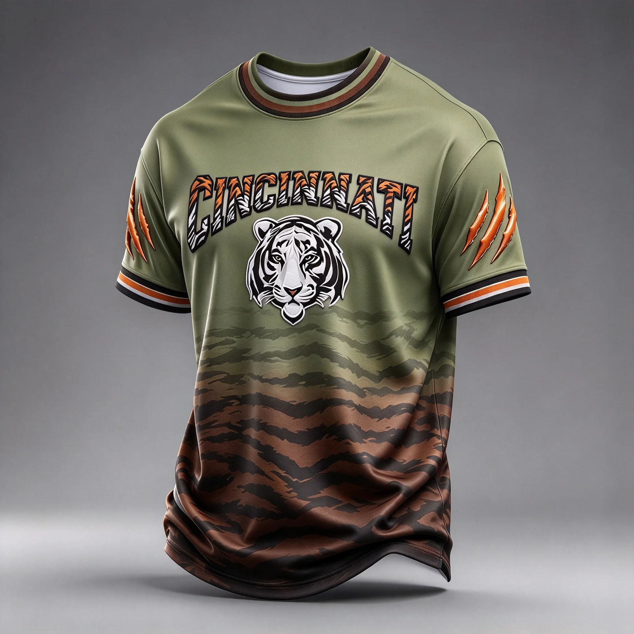 Men Gradient Tiger Stripe Sports Short Sleeve, Tiger Head Claw Print Fan Top, Football Trend Crew Neck T-shirt Multi Colors