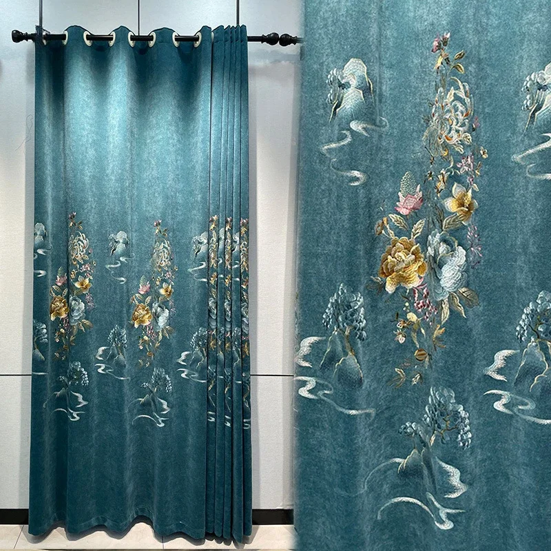 

New Chinese Peony Landscape New Cashmere Embroidered Blackout Window Curtains for Living Dining Room Bedroom Villa Hotel Home