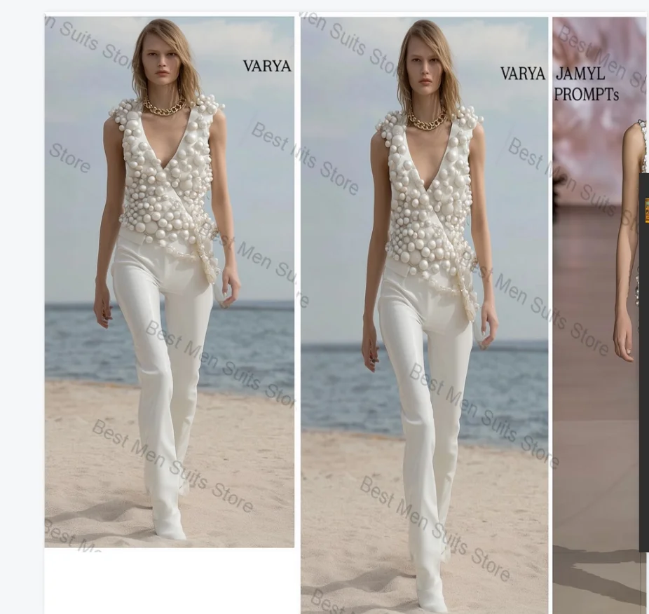 

Luxury Pearls Women Suit Set 2 Pcs Vest+Pants Trousers Formal Office Jacket Sleeveless Customized Wedding Tuxedos Cotton Coat