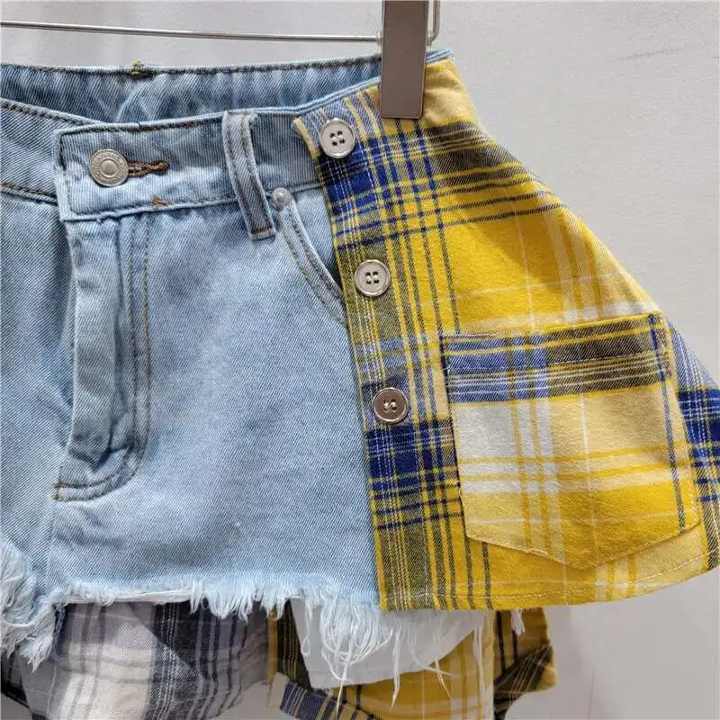 DEAT Women's Denim Skirt Colored Plaid Patchwork Irregular Deconstructed A-line High Waist Mini Skirt 2026 Spring New Fashion 62 S1e54e89516744faf838280963e3e09e2s