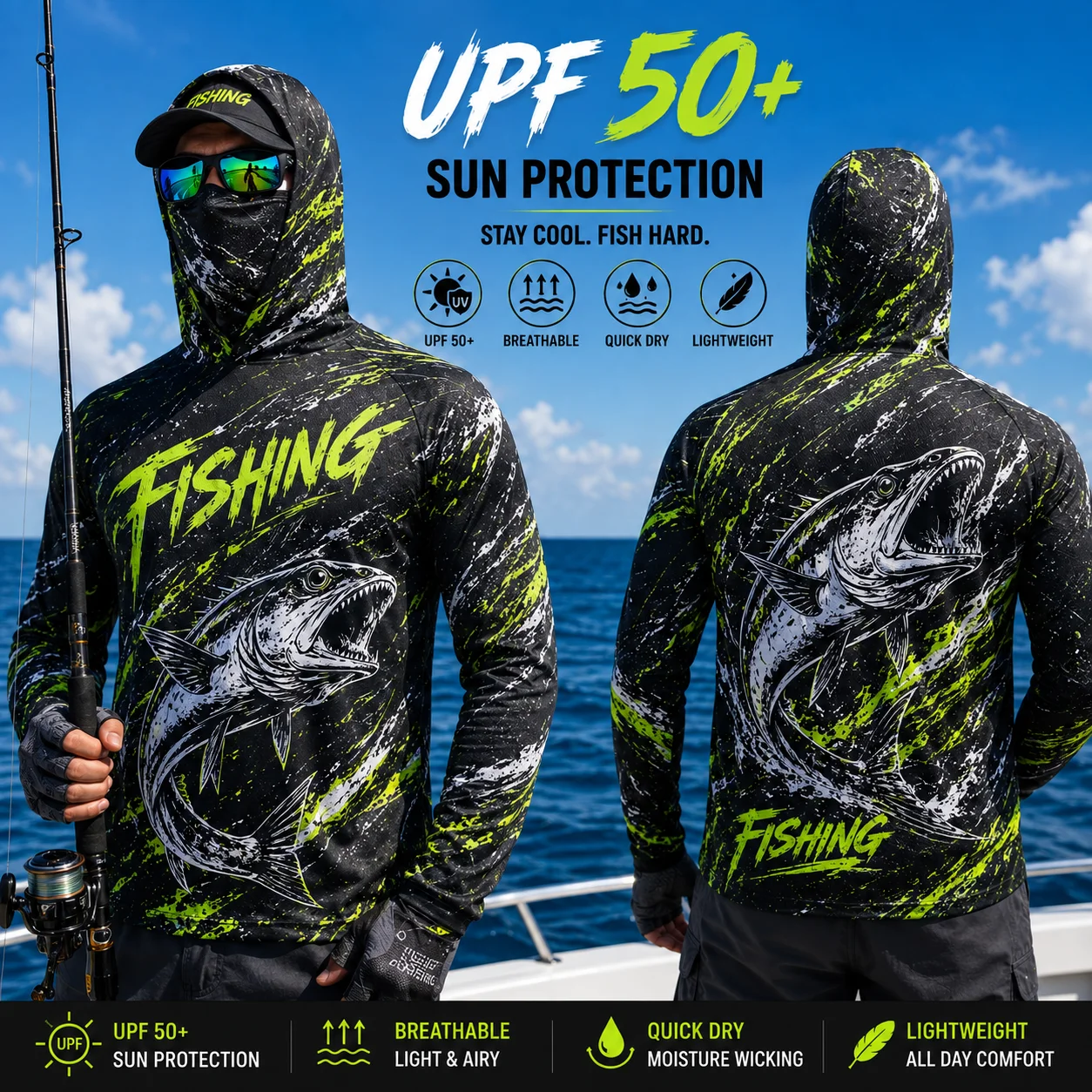 MALFC Men Hood Fishing Shirt long sleeve fishing t shirt uv protection Fishing Apparel view 3