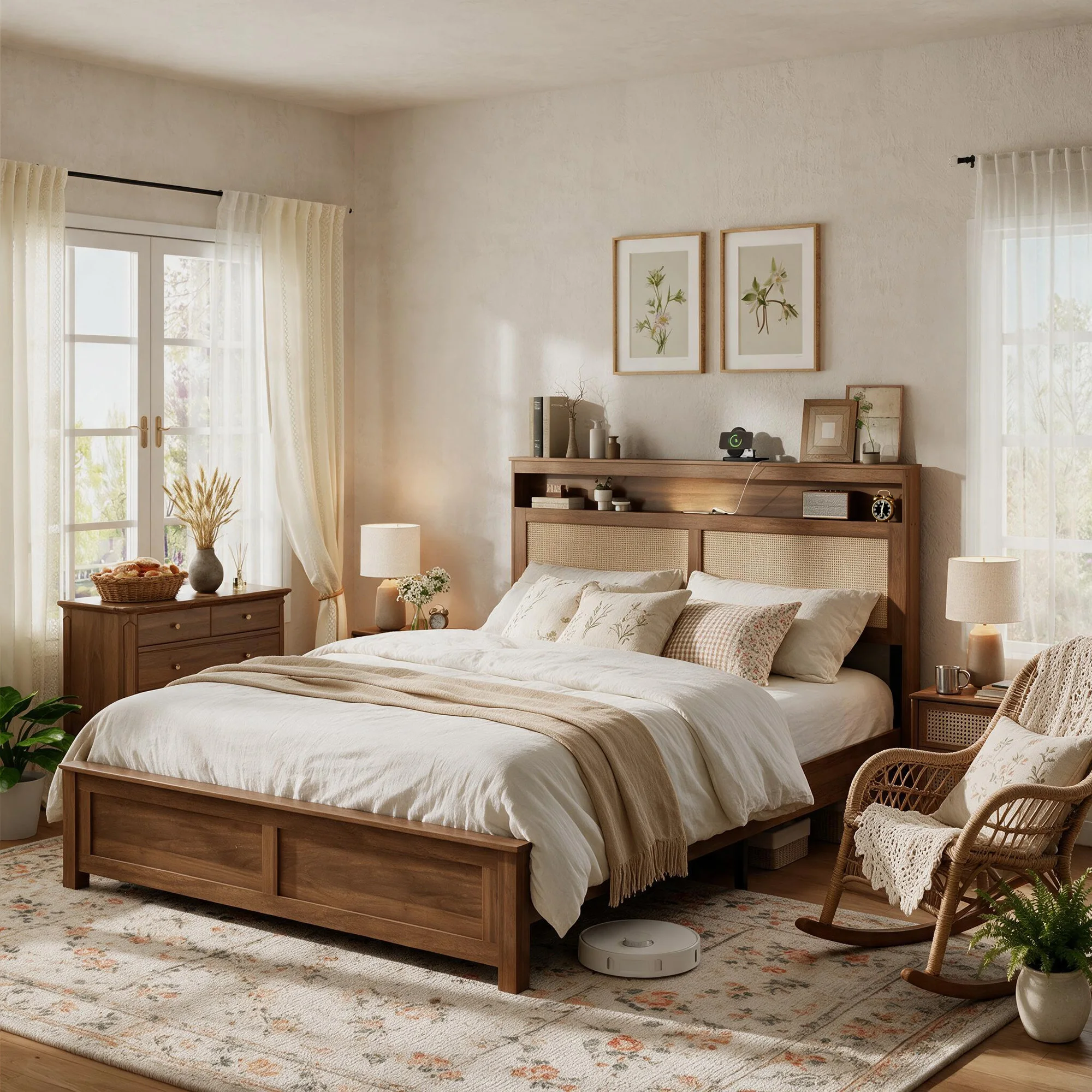Queen Size Platform Bed Frame with Rattan Headboard and LED Reading Light, Modern Farmhouse Wood Bed with Storage Shelf, No Box Spring Needed - view 8