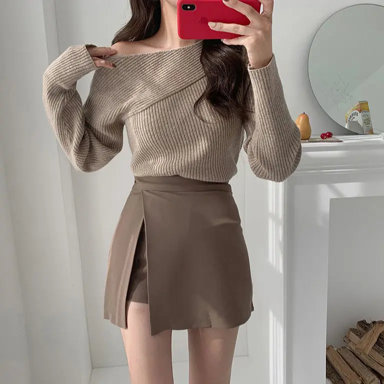 

Skirts Women Irregular Solid Side-slit Stretchy Mini Korean Style Trendy Chic OL High Waist Female Bottom Popular Spring Autumn