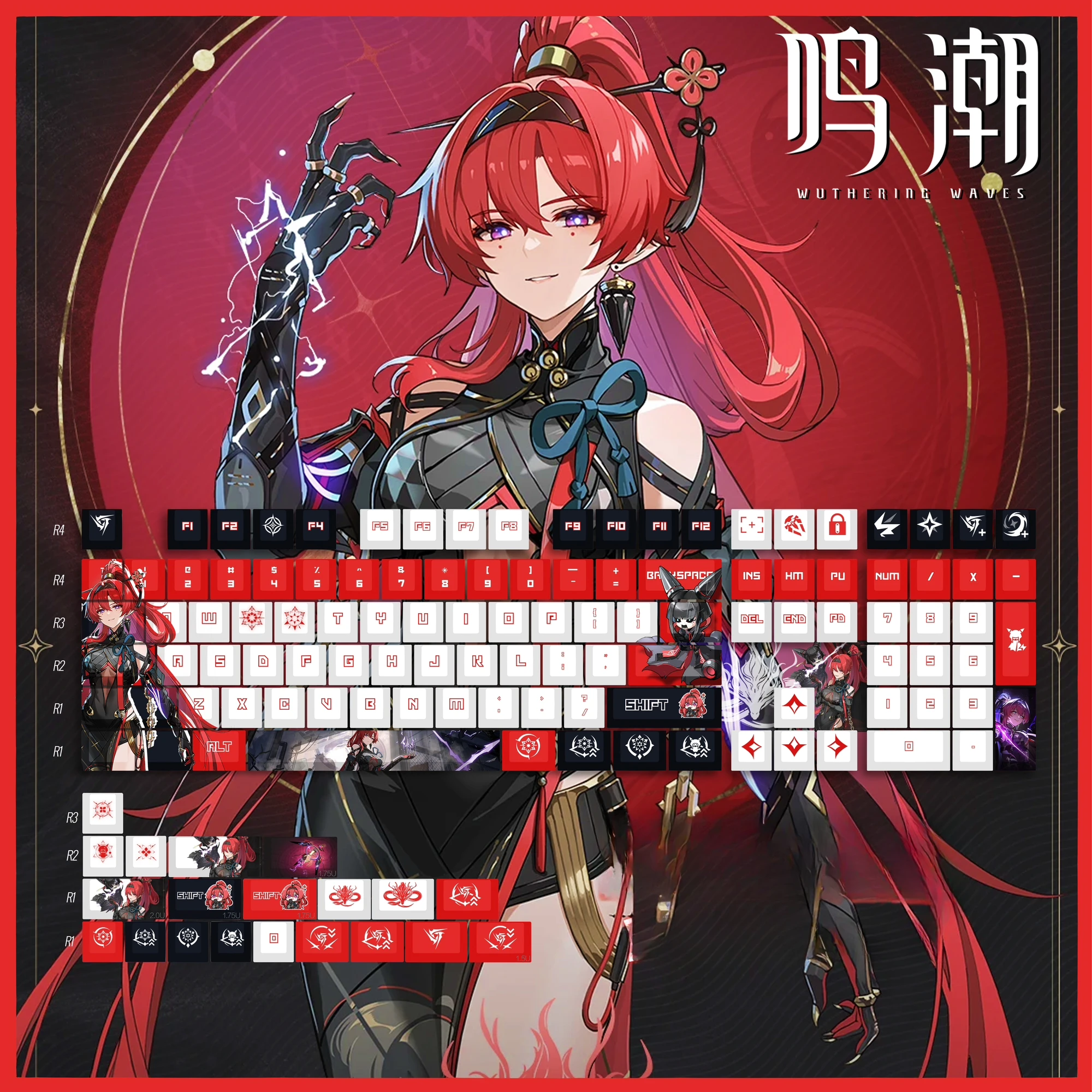 

129 Keys/Set Wuthering Waves Yinlin Red Hair Girl PBT Keycaps for Cherry Profile MX Switch Mechanical Keyboard Game DIY Custom