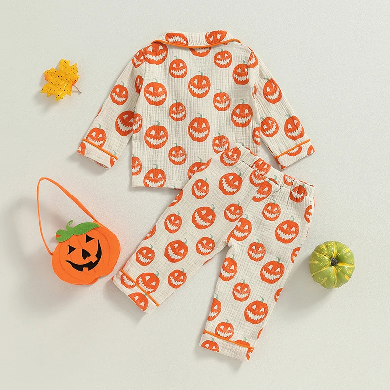 2023-07-08 Lioraitiin 0-4Years Toddler Baby Boy Girl Halloween Sleepwear Outfits Pumpkin Print Front Button Long Sleeve Top Pant