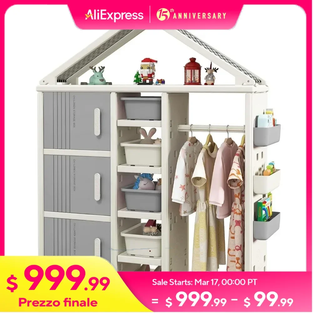 Kids Costume Storage Closet, Children Pretend Dresser Wardrobe, Open Hanging Armoire Closet with Storage Bins, Shelves