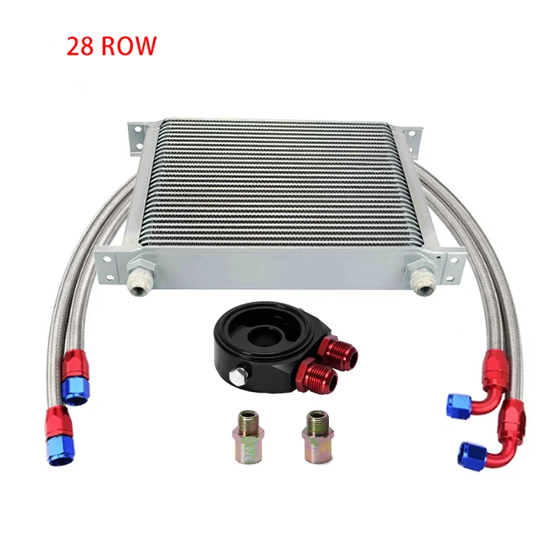 AN10 Universal 28 Rows Oil Cooler Kit + Oil Filter Sandwich Adapter + 1 And 1.2 Meter Stainless Steel Braided AN10 Hose Fittings