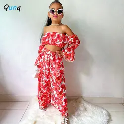 Qunq Summer New Girls Floral Print Off Shoulder Flare Sleeve Crop Top + Wide Leg Pants 2 Pieces Set Casual Kids Clothes Age3T-8T