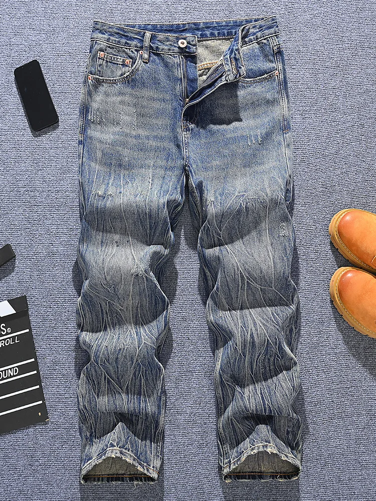 تصميم عصري مطبوع على الطراز الكوري جينز عصري للرجال أزياء الشارع ريترو وسيم فضفاض واسع الساق